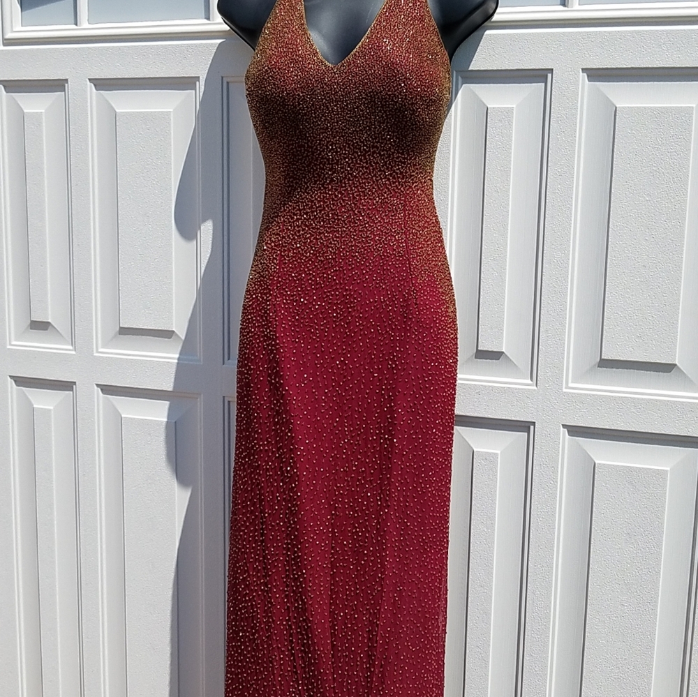 Scala burgundy w/gold trim spaghetti strap dress